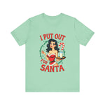 Coquette Pinup Girl Holiday T-Shirt, Funny "I Put Out For Santa" Christmas Tee