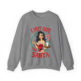 Coquette Pinup Girl Holiday Sweater, Funny "I Put Out For Santa" Christmas Sweatshirt