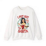Coquette Pinup Girl Holiday Sweater, Funny "I Put Out For Santa" Christmas Sweatshirt