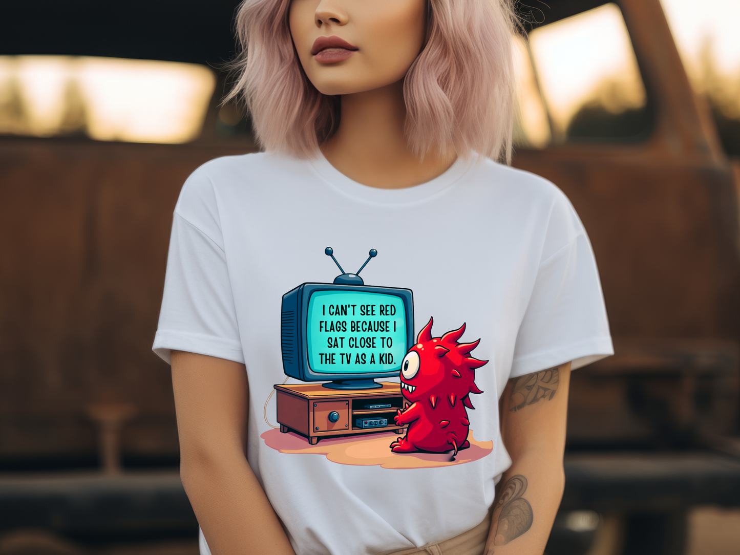Sarcastic Monster Cartoon Tee: Funny "I Can't See Red Flags..." Monster T-Shirt