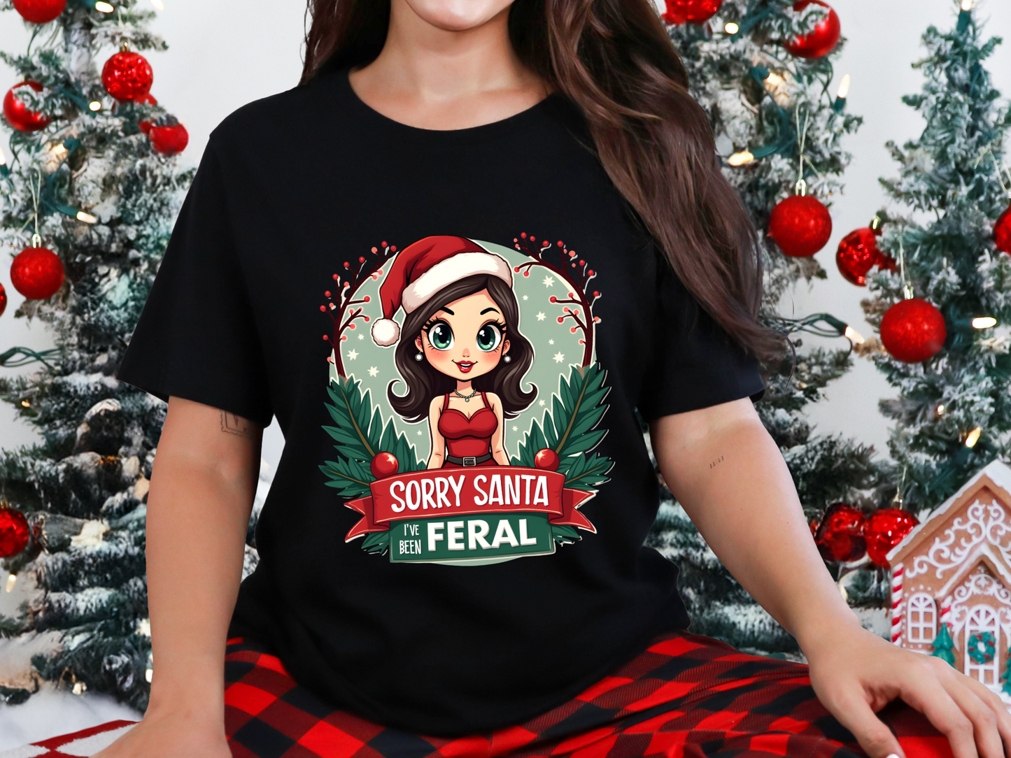 Sarcastic "Sorry Santa I've Been Feral" Coquette Pinup Holiday T-Shirt