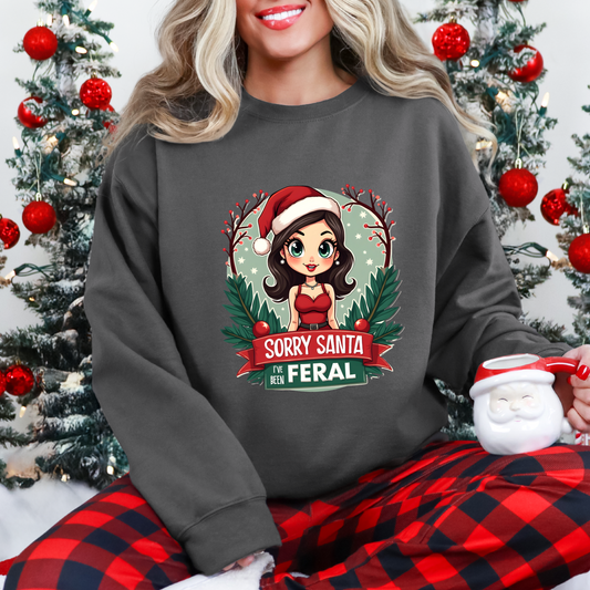 Sarcastic "Sorry Santa I've Been Feral" Coquette Pinup Girl Christmas Sweater