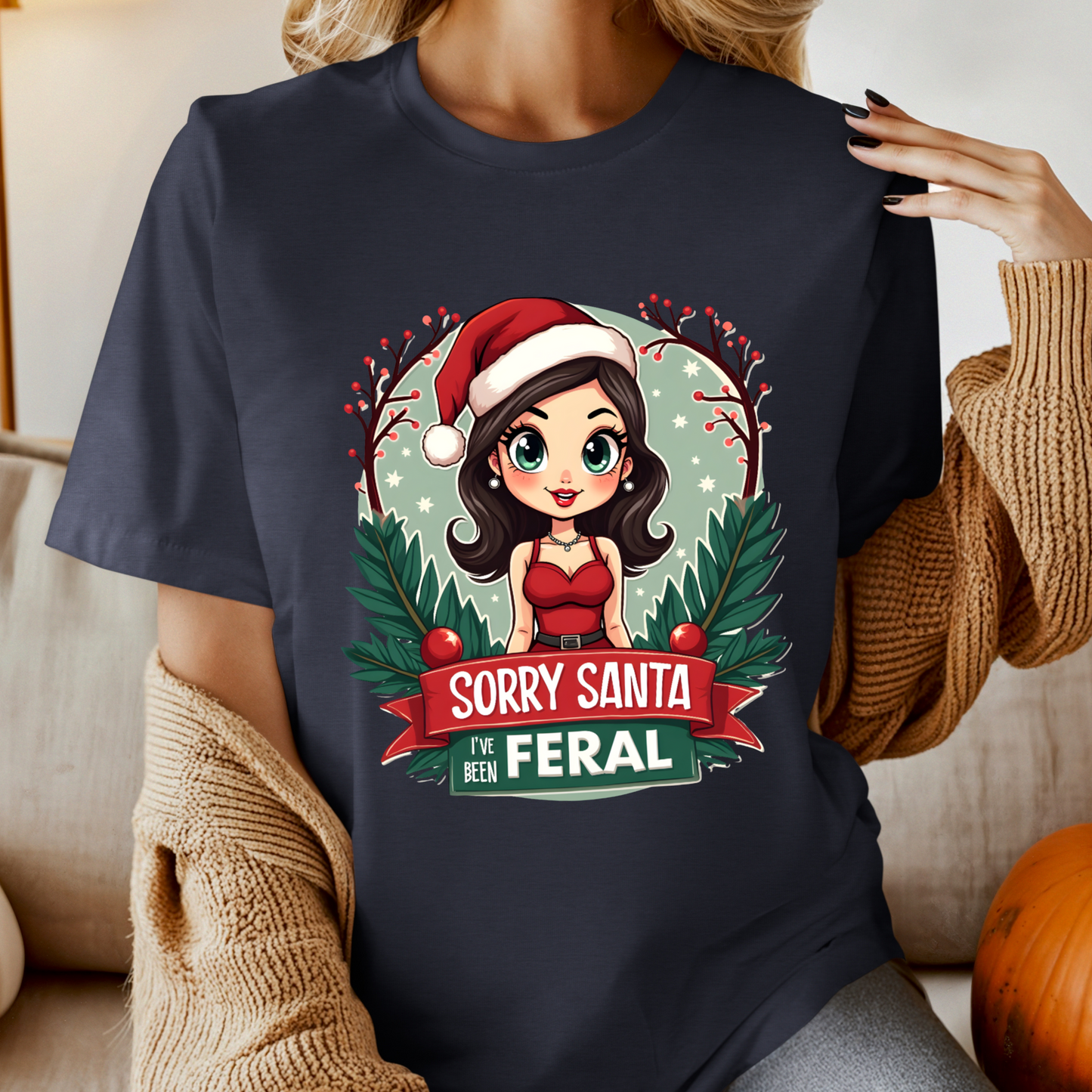Sarcastic "Sorry Santa I've Been Feral" Coquette Pinup Holiday T-Shirt