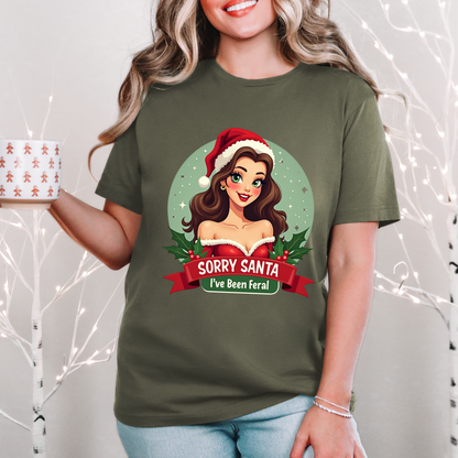 Sarcastic "Sorry Santa I've Been Feral" Pin Up Girl Christmas T-Shirt