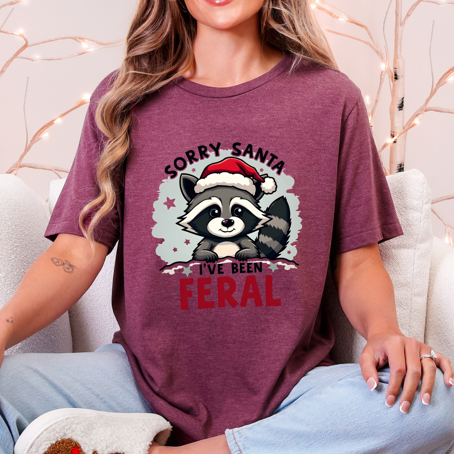 Funny "Sorry Santa I've Been Feral" Raccoon Santa Christmas Tee