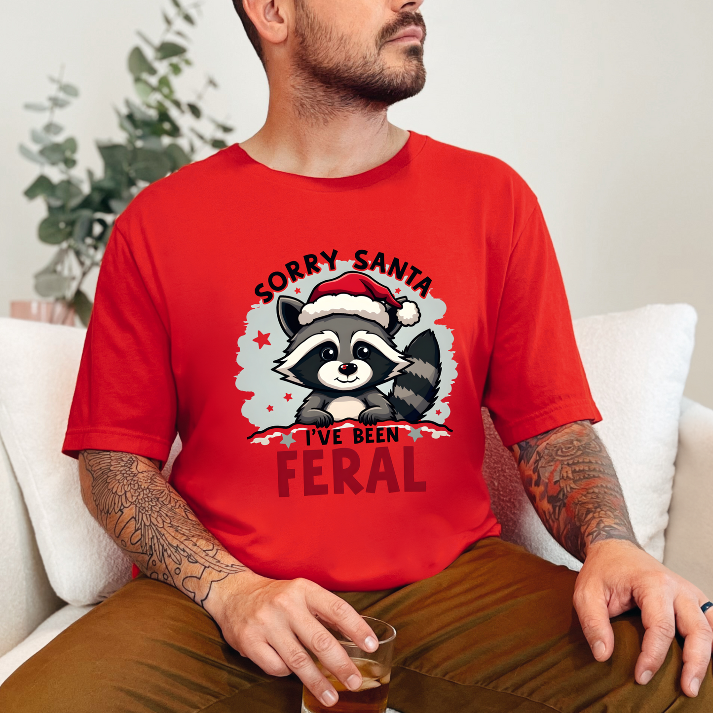 Funny "Sorry Santa I've Been Feral" Raccoon Santa Christmas Tee
