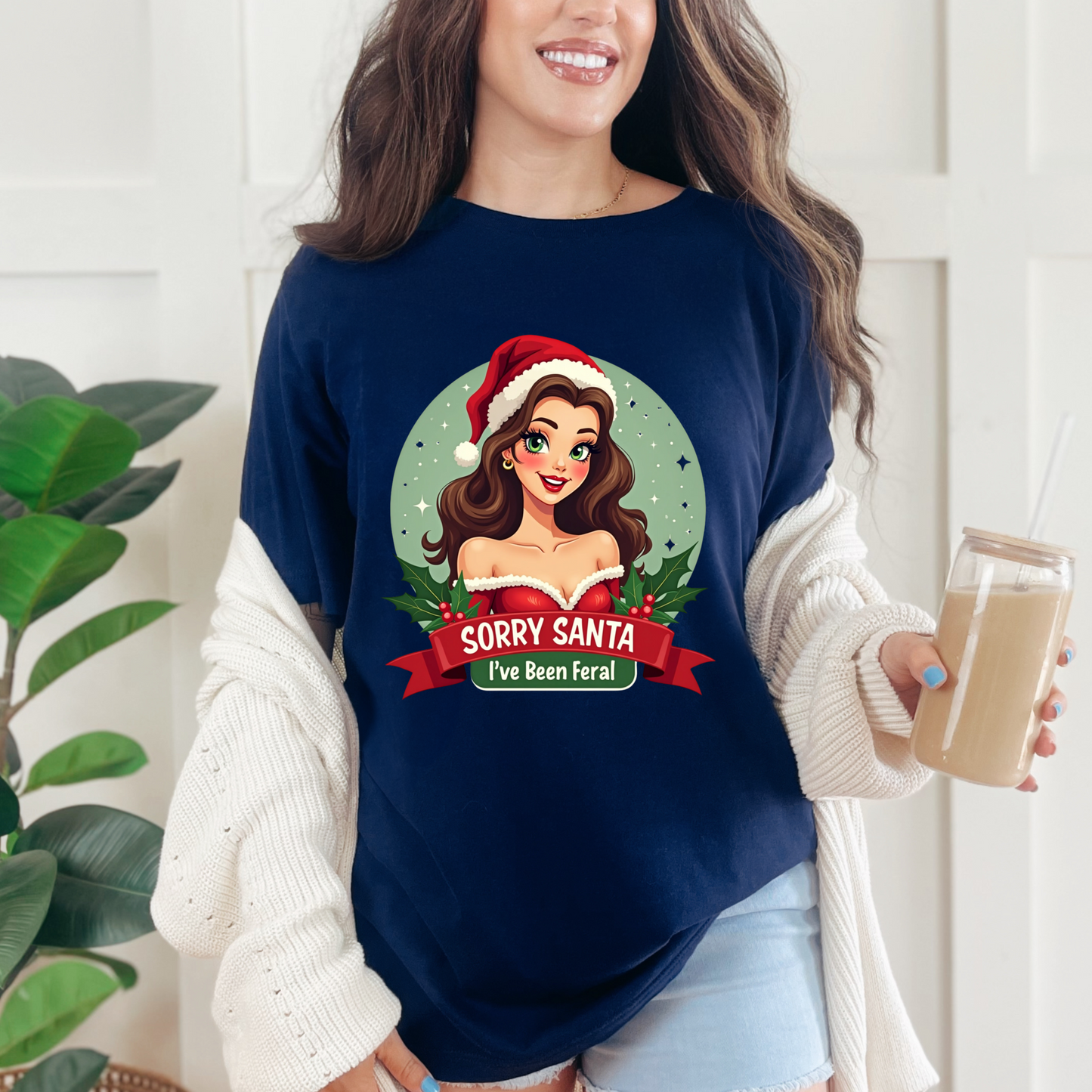 Sarcastic "Sorry Santa I've Been Feral" Pin Up Girl Christmas T-Shirt