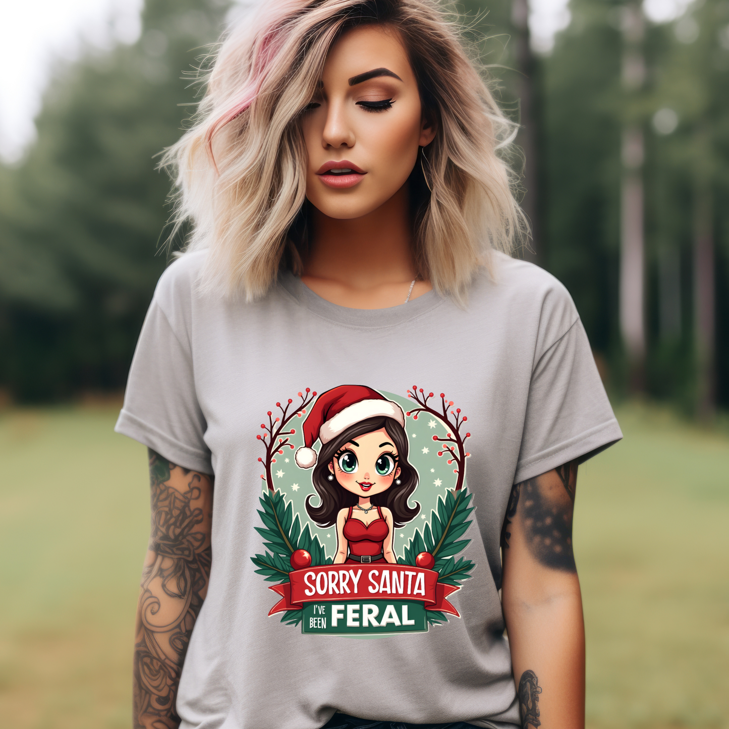 Sarcastic "Sorry Santa I've Been Feral" Coquette Pinup Holiday T-Shirt