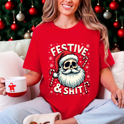 Festive & Sh*t Skull Santa Christmas Tee