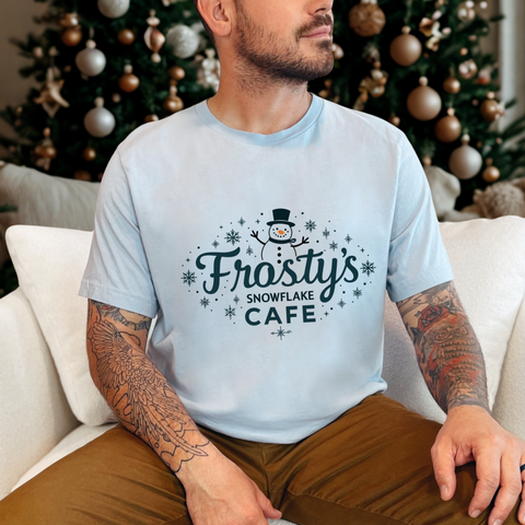 Frosty's Snowflake Café Christmas T-Shirt, Festive Snowman Tee