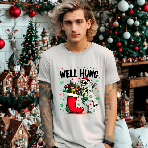 Funny Skeleton Christmas Tee, Sarcastic "Well Hung" Christmas T-Shirt