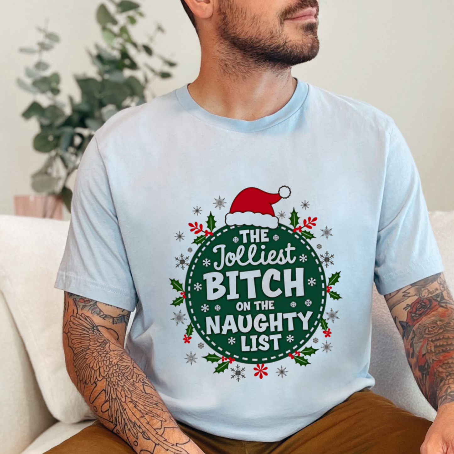 Funny "Jolliest Bit*h On The Naughty List" Christmas T-Shirt