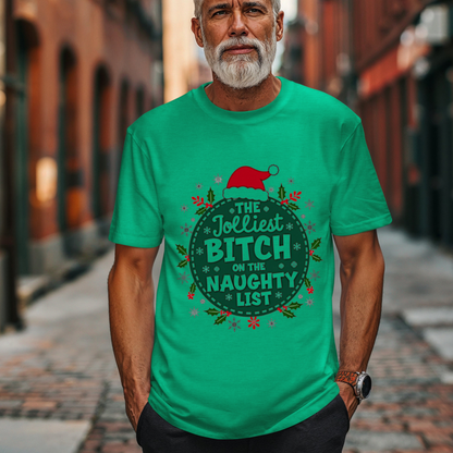 Funny "Jolliest Bit*h On The Naughty List" Christmas T-Shirt