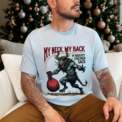 Sarcastic Krampus Christmas T-Shirt - "My Neck, My Back" Horror Graphic Tee