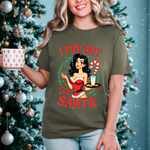 Coquette Pinup Girl Holiday T-Shirt, Funny "I Put Out For Santa" Christmas Tee