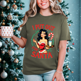 Coquette Pinup Girl Holiday T-Shirt, Funny "I Put Out For Santa" Christmas Tee