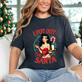 Coquette Pinup Girl Holiday T-Shirt, Funny "I Put Out For Santa" Christmas Tee