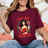 Coquette Pinup Girl Holiday T-Shirt, Funny "I Put Out For Santa" Christmas Tee