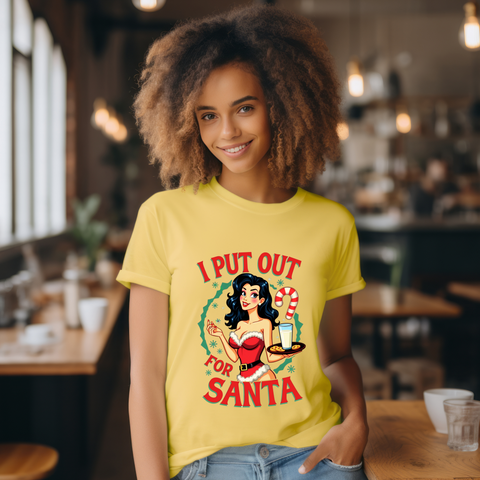 Coquette Pinup Girl Holiday T-Shirt, Funny "I Put Out For Santa" Christmas Tee