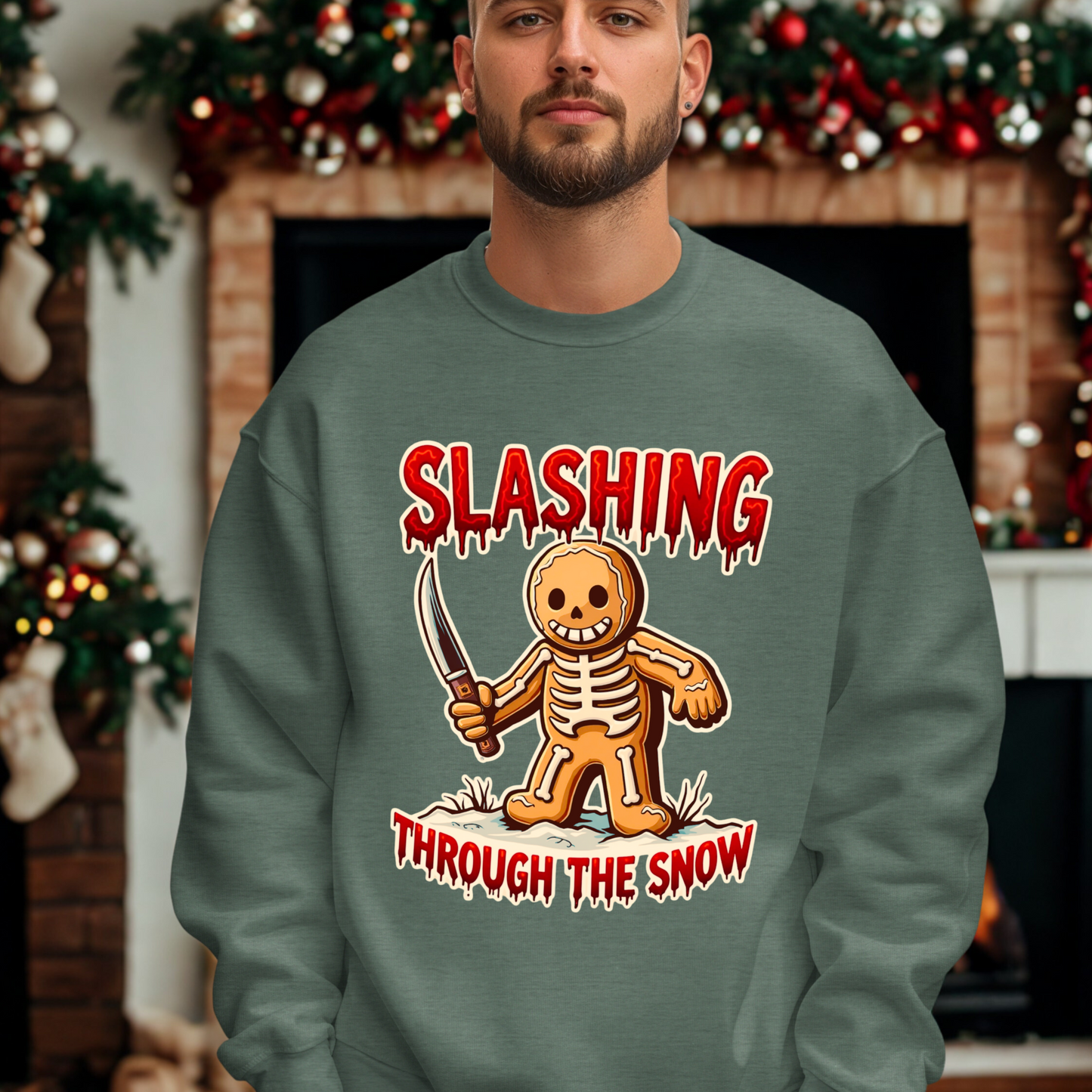 Slashing Through The Snow Gingerbread Man Horror Christmas Sweatshirt