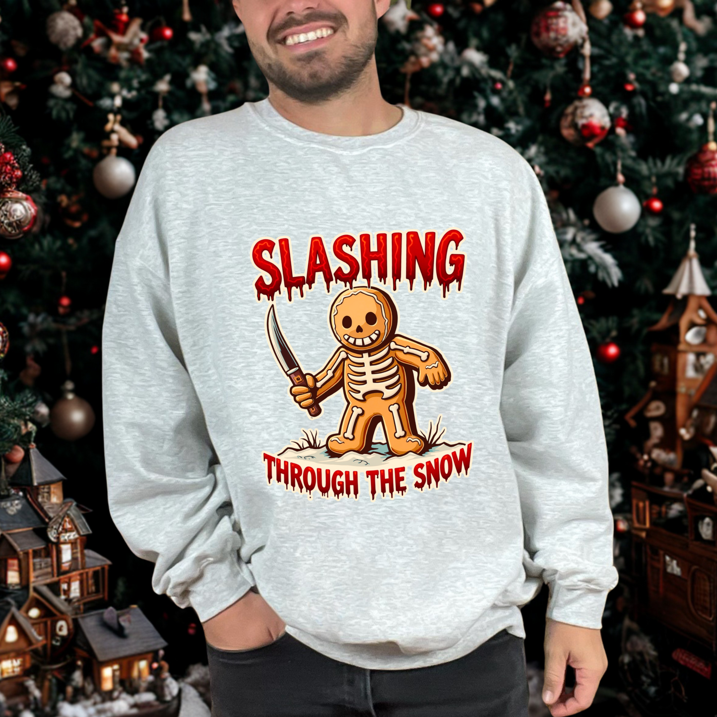 Slashing Through The Snow Gingerbread Man Horror Christmas Sweatshirt