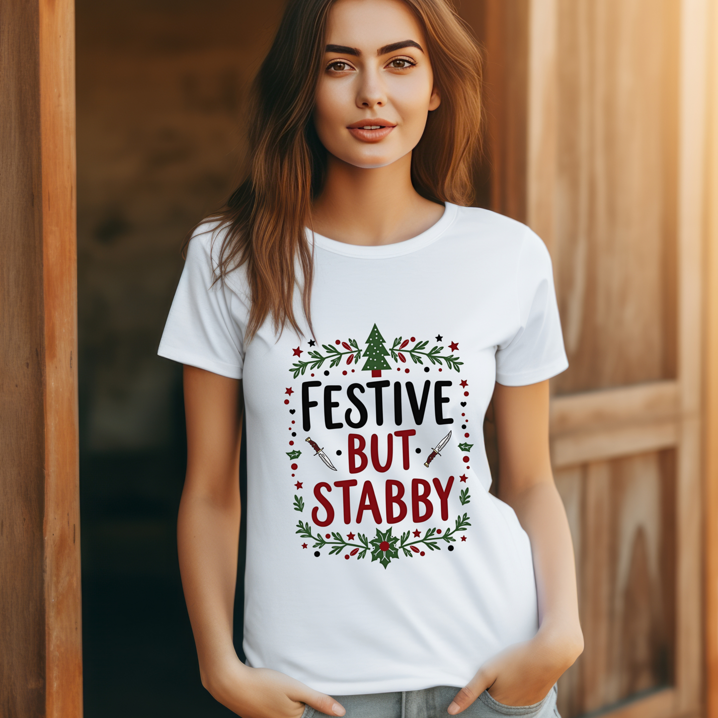 Sarcastic "Festive But Stabby" Christmas T-Shirt