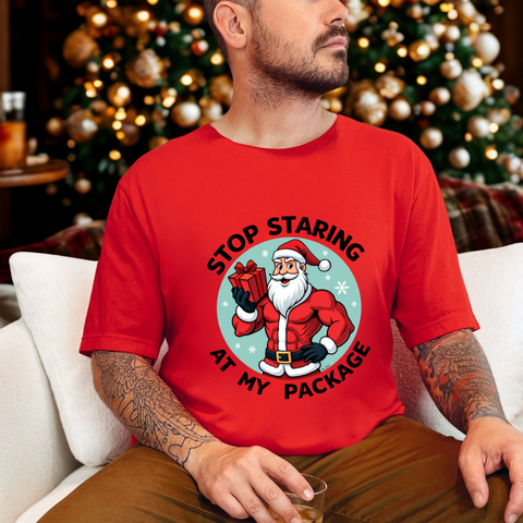 Stop Staring At My Package Funny Christmas Tee