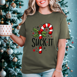 Funny 'Suck It' Candy Cane Christmas T-Shirt - Sarcastic Holiday Tee