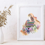 Owl w/ Book Art Print, Watercolor Owl Print, Witchy Print, Bohemian Art, Minimalist Art Print, Wicca Print, Floral Owl Art, Owl Art Reading
