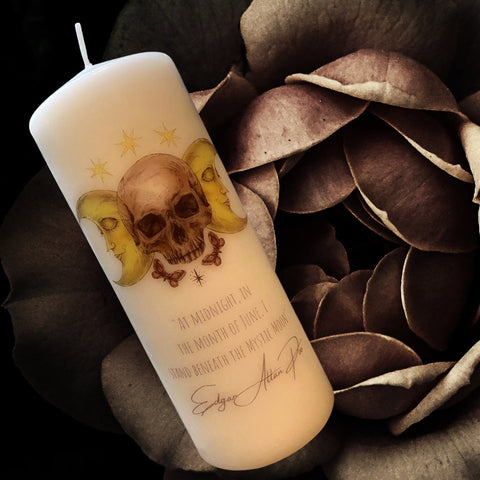 Skull & Moon Candle - Skull Pillar - Edgar Allan Poe Quote Candle - Moon Gothic Skull Pillar Candle - Witchy Pillar Candle - Gothic Quote