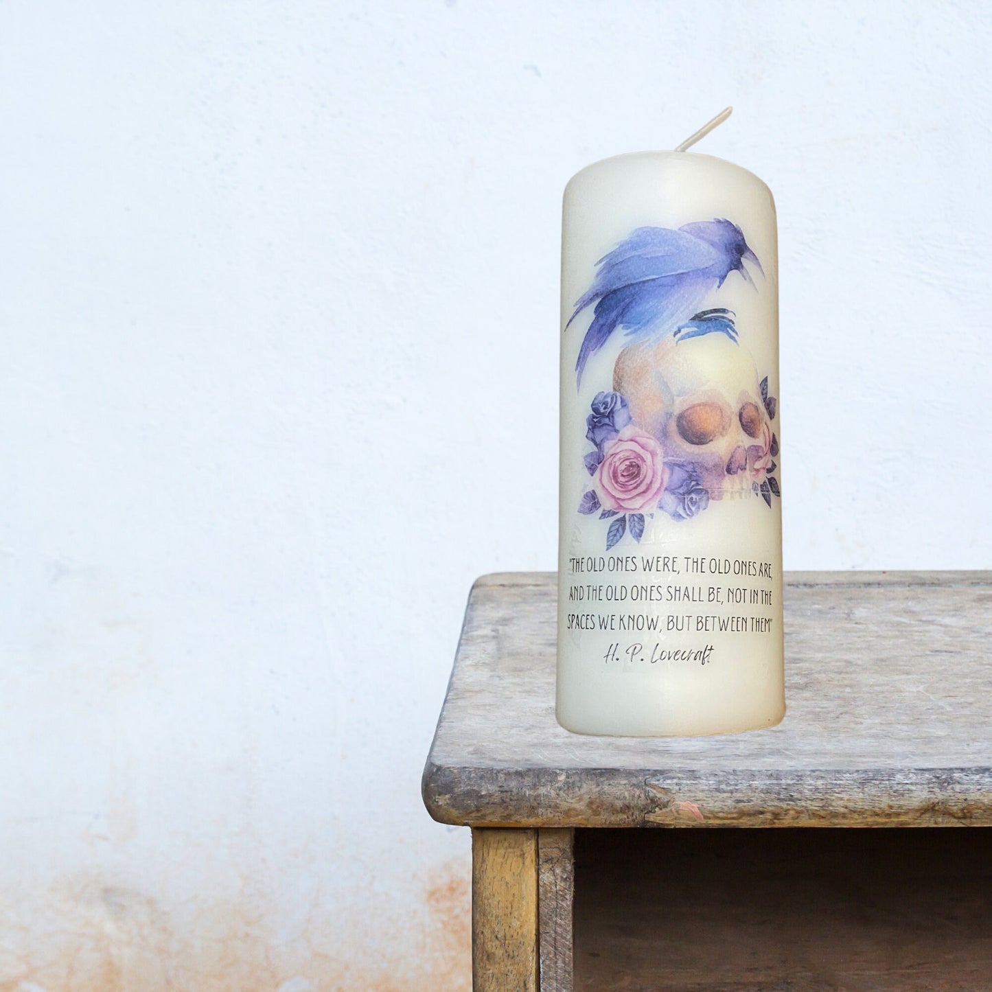 Skull & Raven Floral Pillar Candle